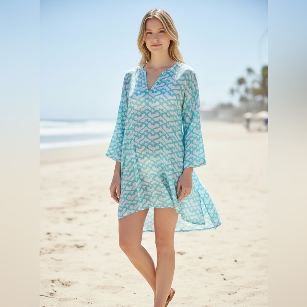 Roberta Roller Rabbit Cotton Cover Up Tunic One Size Blue Turquoise Beach Resort